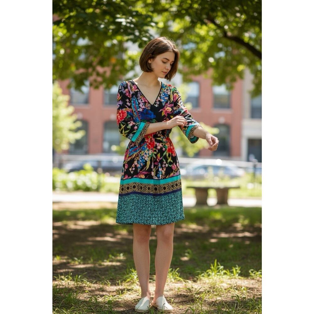 This item is a Dream Daily mixed print V-neck flowy shift dress